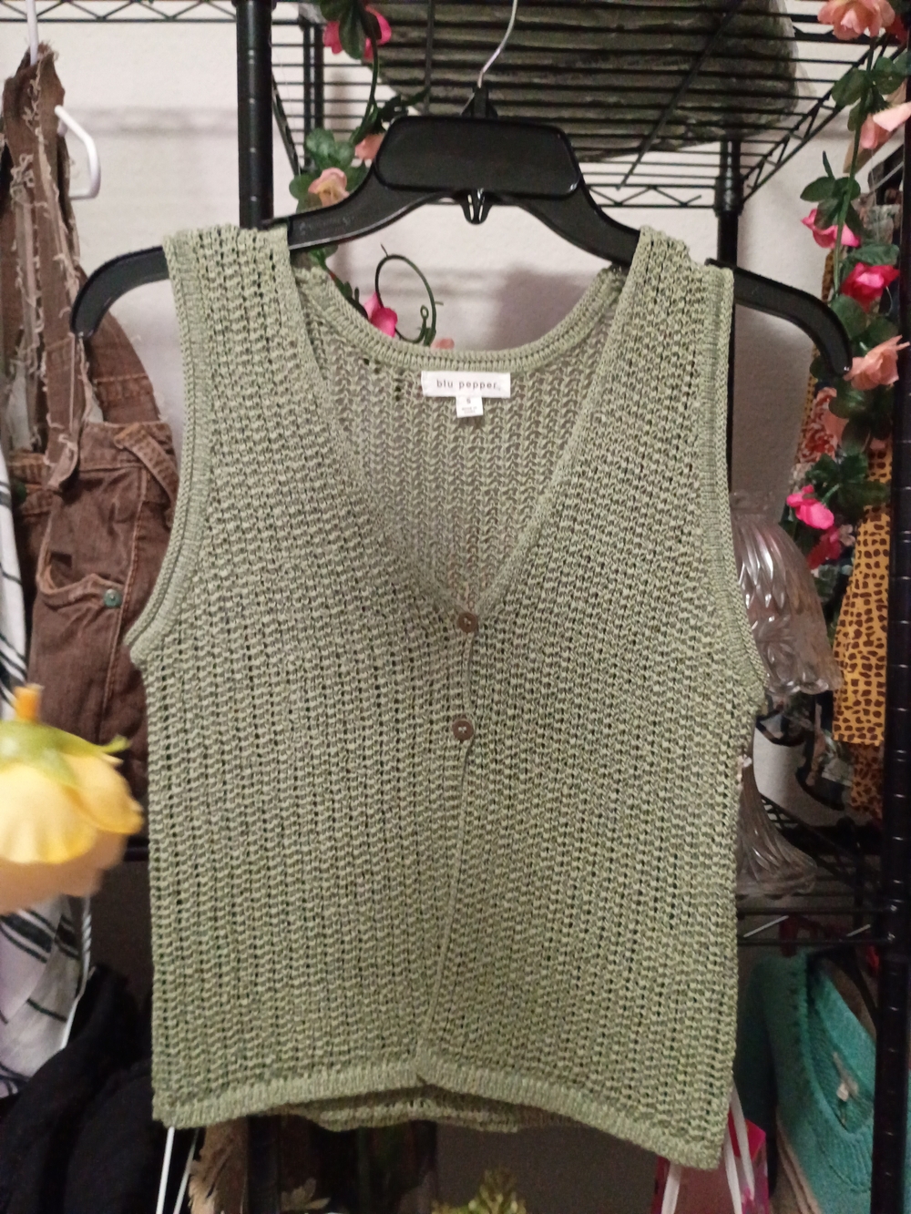 Blu Pepper Green Open-Knit Button Tank